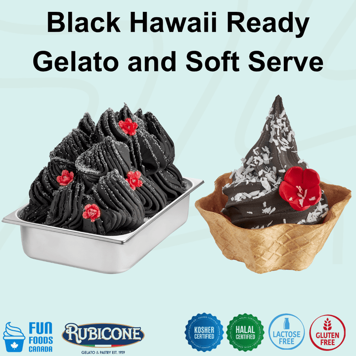Black Hawaii Ready Gelato and Soft Serve Mix by Rubicone, activated charcoal coconut flavour for black gelato and soft serve, gluten free, lactose free, kosher and halal certified.
