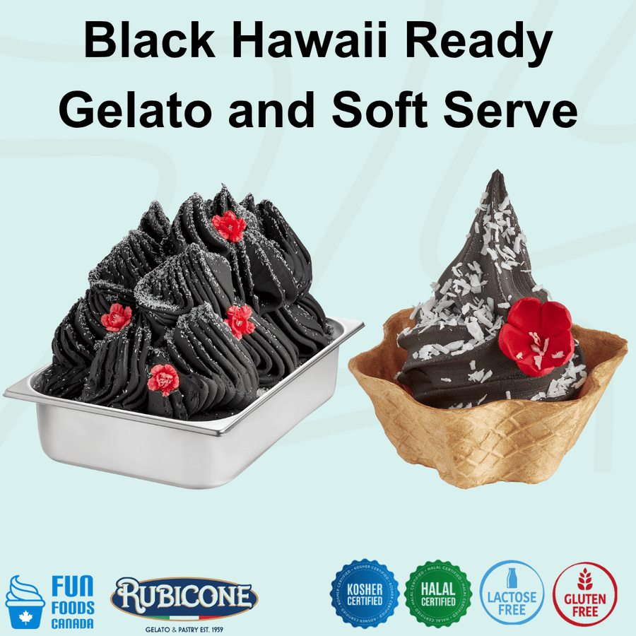 Black Hawaii Ready Gelato and Soft Serve Mix by Rubicone, activated charcoal coconut flavour for black gelato and soft serve, gluten free, lactose free, kosher and halal certified.