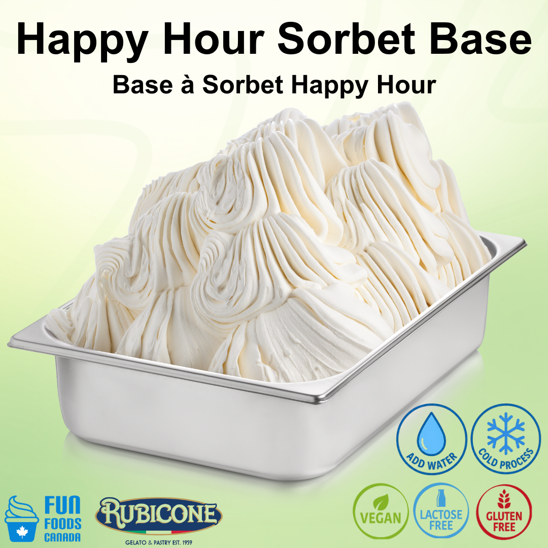 Happy Hour Sorbet Base in a metal container with Rubicone branding on a light green background