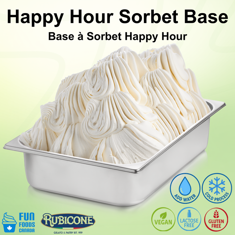 Happy Hour Sorbet Base in a metal container with Rubicone branding on a light green background