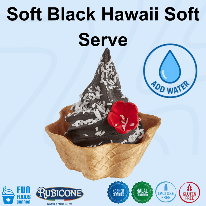 A single soft-serve ice cream cone in a waffle cone base on a light blue background, with large text reading 'Soft Black Hawaii Soft Serve' and an 'ADD WATER' callout. The ice cream is dark black with white shredded coconut and a small red flower garnish. Kosher, Halal, Lactose-free, Gluten-free.