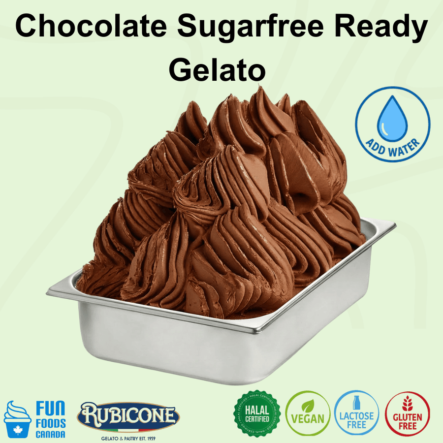 Rubicone Chocolate Sugarfree Ready – sugar-free chocolate add-water mix for commercial gelato in Canada. Halal, vegan, lactose-free and gluten-free.
