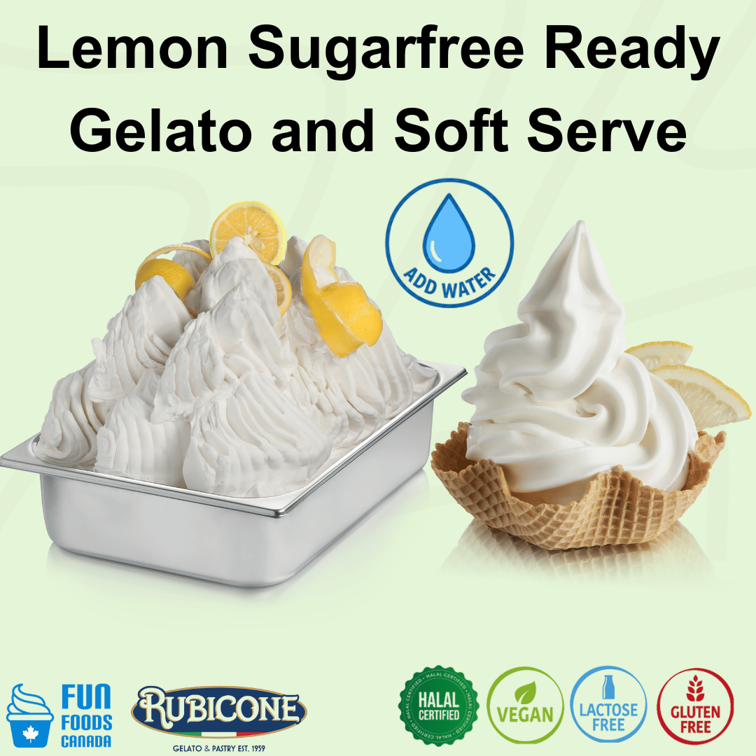 Rubicone Lemon Sugarfree Ready – sugar-free lemon add-water mix for commercial gelato and soft serve in Canada. Halal, vegan, lactose-free and gluten-free.
