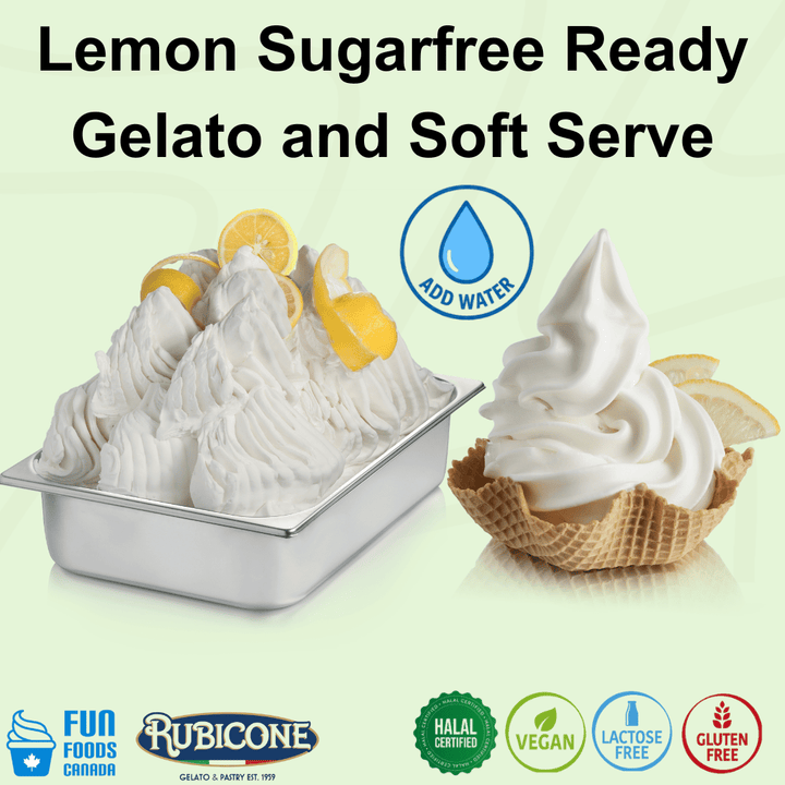 Rubicone Lemon Sugarfree Ready – sugar-free lemon add-water mix for commercial gelato and soft serve in Canada. Halal, vegan, lactose-free and gluten-free.
