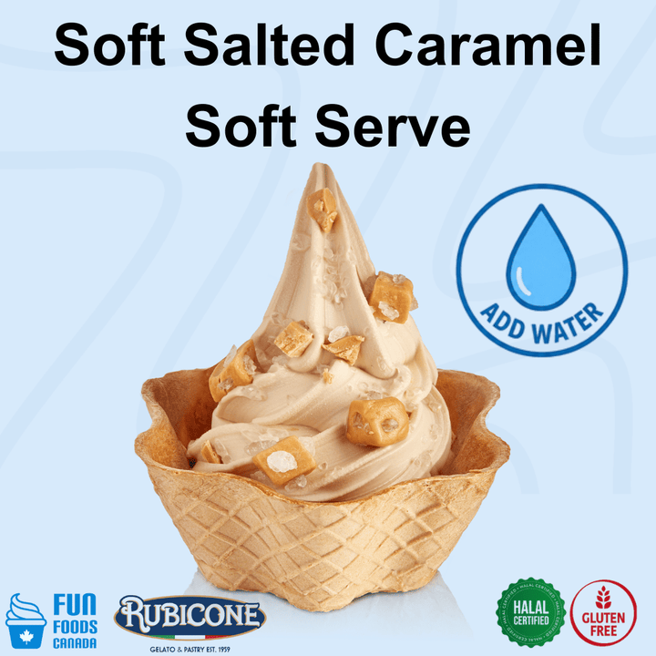 A soft salted caramel soft serve ice cream cone in a waffle cone bowl, topped with caramel pieces, on a light blue background with text reading 'Soft Salted Caramel Soft Serve' and icons for Fun Foods Canada, Rubicone, Halal Certified, and Gluten Free.