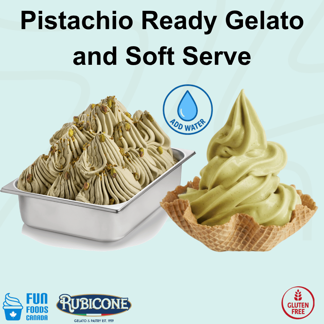Rubicone Pistachio Ready Gelato and Soft Serve mix – rich, creamy pistachio-flavoured add-water mix for commercial gelato and soft serve machines in Canada. Gluten-free.
