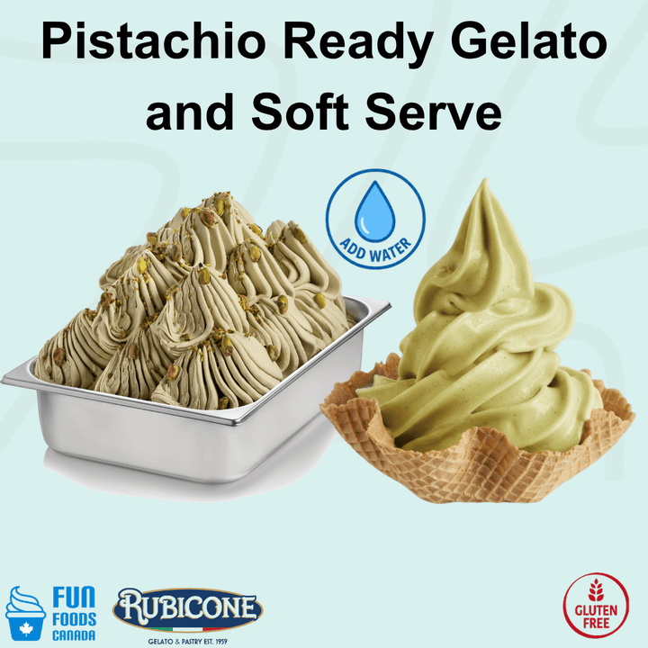 Rubicone Pistachio Ready Gelato and Soft Serve mix – rich, creamy pistachio-flavoured add-water mix for commercial gelato and soft serve machines in Canada. Gluten-free.
