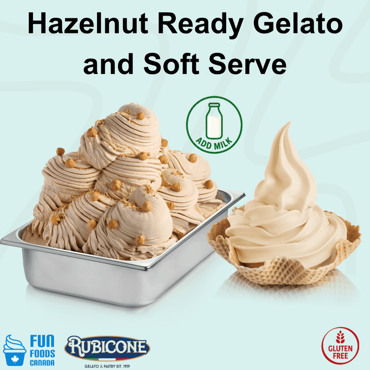 Rubicone Hazelnut Ready Gelato and Soft Serve mix – rich, creamy hazelnut-flavoured mix for commercial gelato and soft serve machines in Canada. Add milk. Gluten-free.