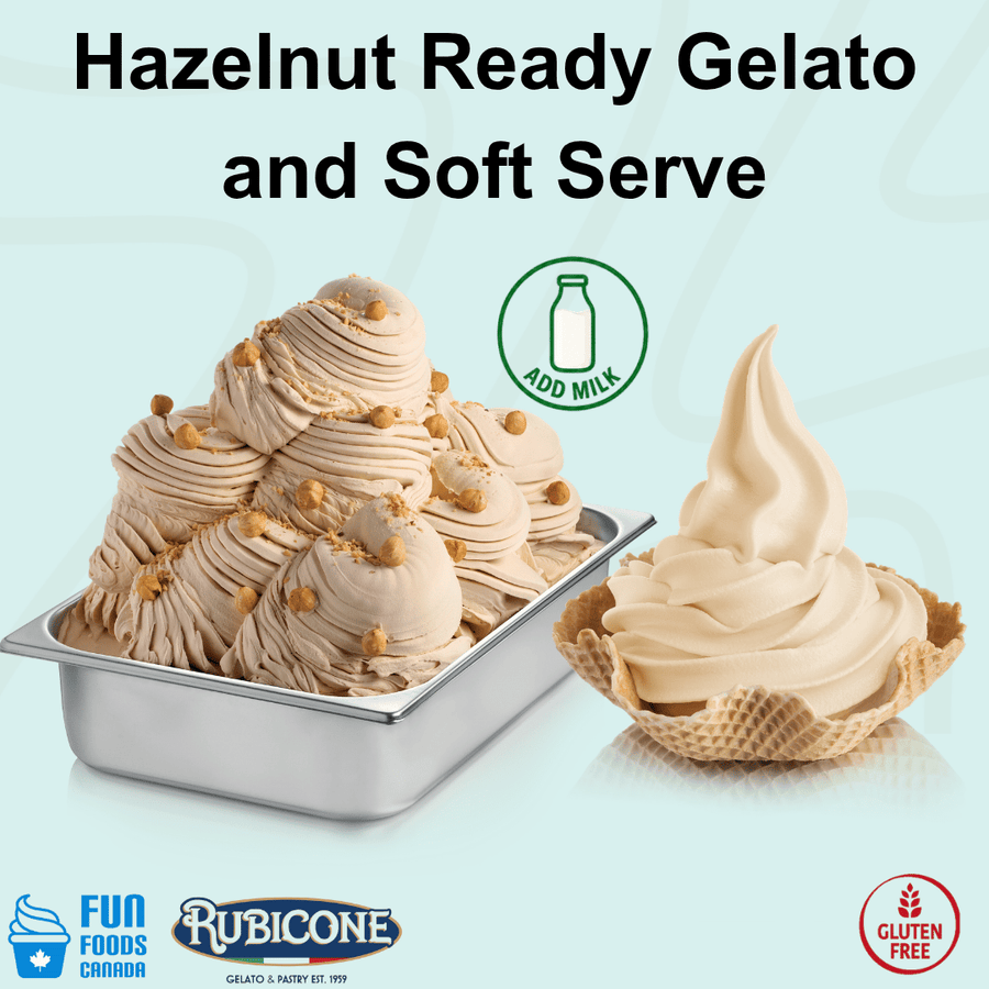 Rubicone Hazelnut Ready Gelato and Soft Serve mix – rich, creamy hazelnut-flavoured mix for commercial gelato and soft serve machines in Canada. Add milk. Gluten-free.