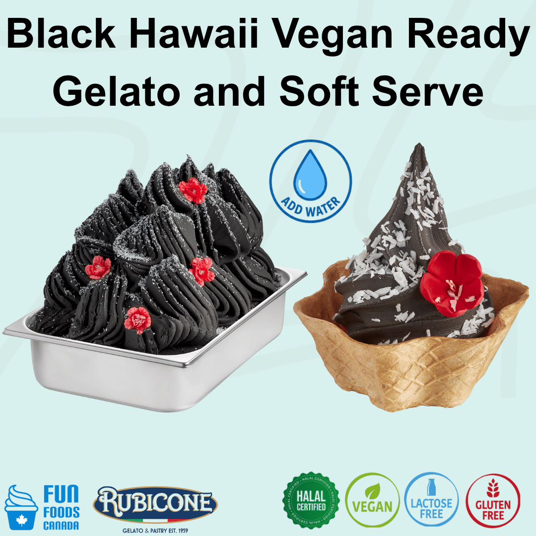 Black Hawaii Vegan Ready Gelato and Soft Serve Mix by Rubicone, activated charcoal coconut flavour for vegan gelato and soft serve, just add water, vegan, lactose free, gluten free and halal certified. 