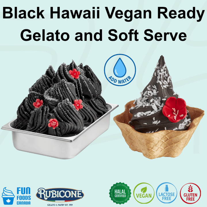 Black Hawaii Vegan Ready Gelato and Soft Serve Mix by Rubicone, activated charcoal coconut flavour for vegan gelato and soft serve, just add water, vegan, lactose free, gluten free and halal certified. 