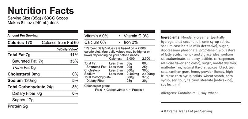 Nutritional Info Cappuccine - Indian Chai Latte - Case of 5 x 3lb bags