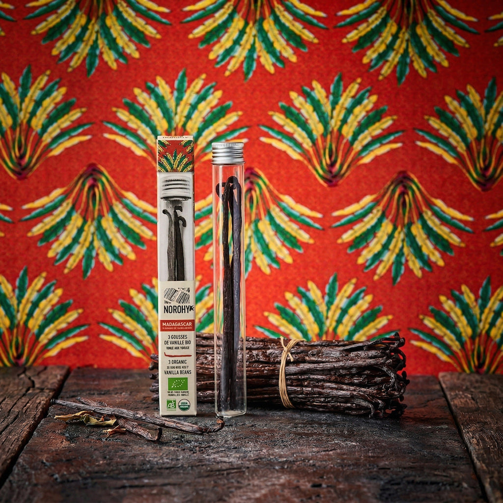 Gousses de vanille Bourbon bio de Madagascar NOROHY, flacon de 3 - Distribution canadienne - Livraison gratuite au Canada pour les commandes de plus de 199 CAD