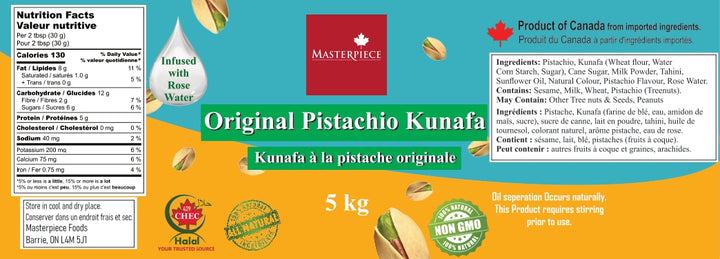 Masterpiece Original Pistachio Kunafa packaging with brand logo and product details.