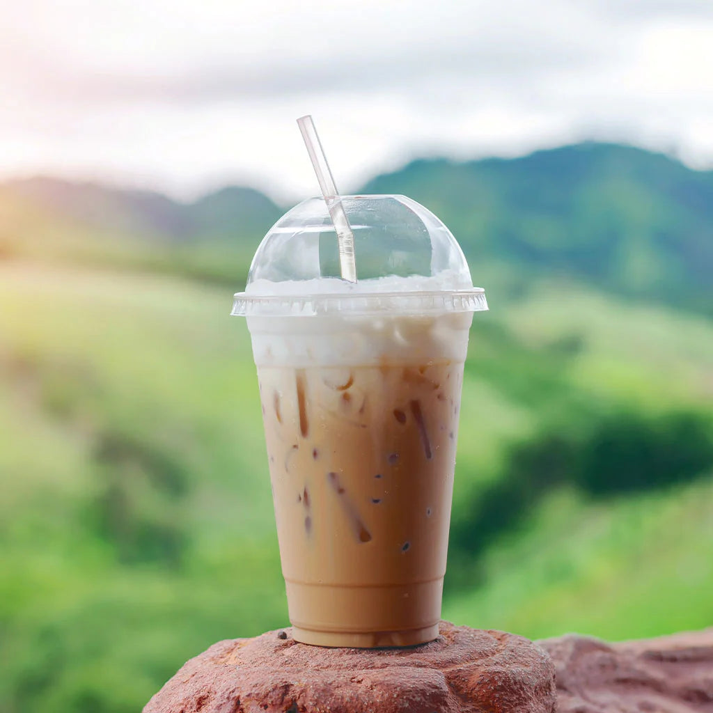 PET Cold Cup with Iced Coffee, Dome Lid, and Straw - Canadian Distributor