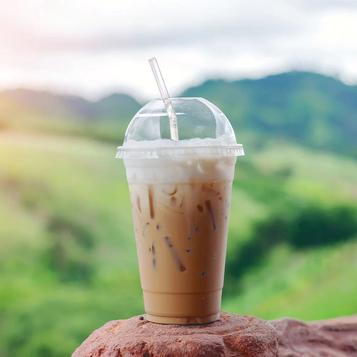 PET Cold Cup with Iced Coffee, Dome Lid, and Straw - Canadian Distributor