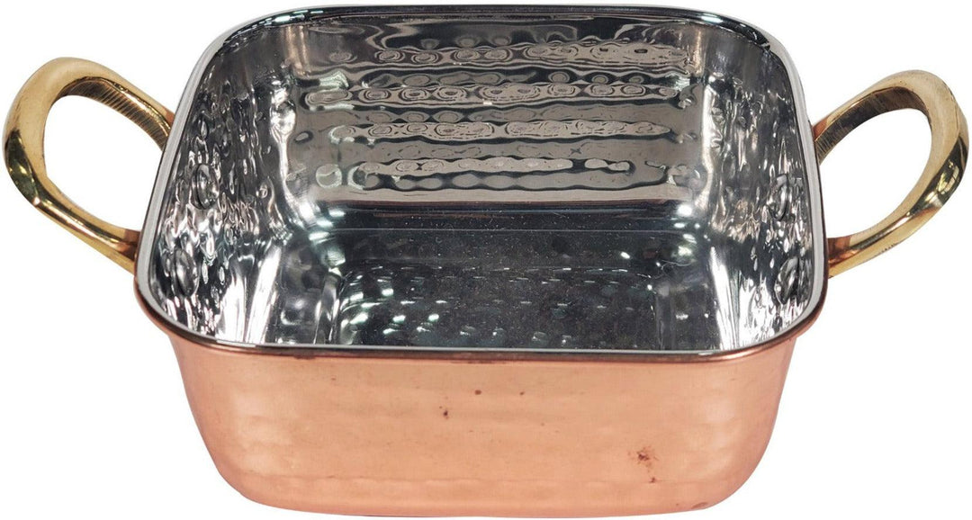 CLR - Square Deep Pan SS Hammered 350Ml (Copper Plated) No. 1 With 2 Gold Handles, 12cm