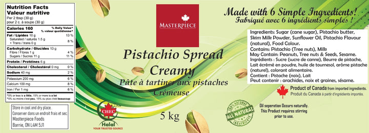 Label of Masterpiece Pistachio Spread Creamy with nutritional information and ingredients listed.