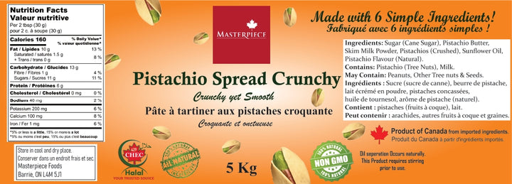 Masterpiece Pistachio Spread Crunchy packaging with nutritional information and ingredients list.