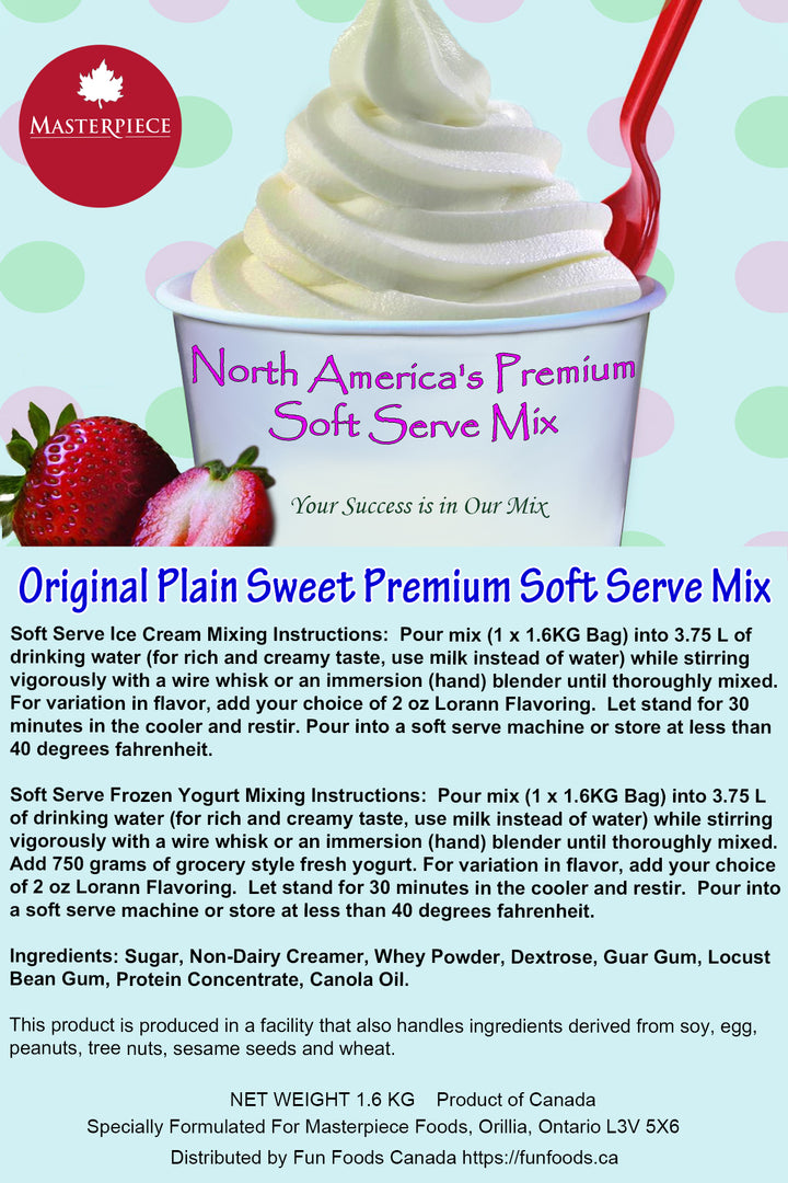 Original Plain (Neutral) Sweet Premium 3-in-1 Soft Serve Mix - 3.5 Lbs Bag - Case (12 x 3.5lb Bags) - Made in Canada