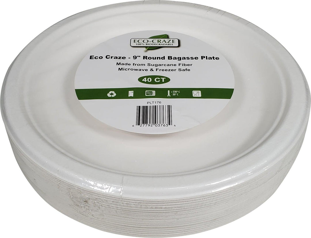 Eco-Craze - 9" Round Bagasse Plate - Retail Pack