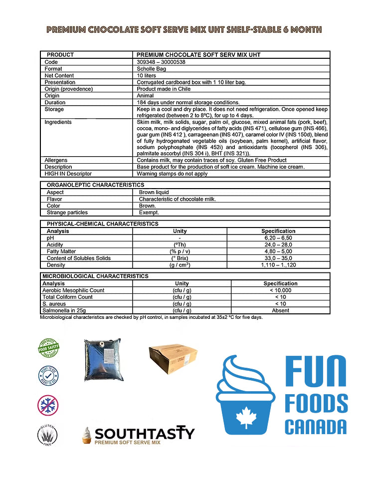 Premium Chocolate Shelf Stable Ice Cream Mix Spec Sheet