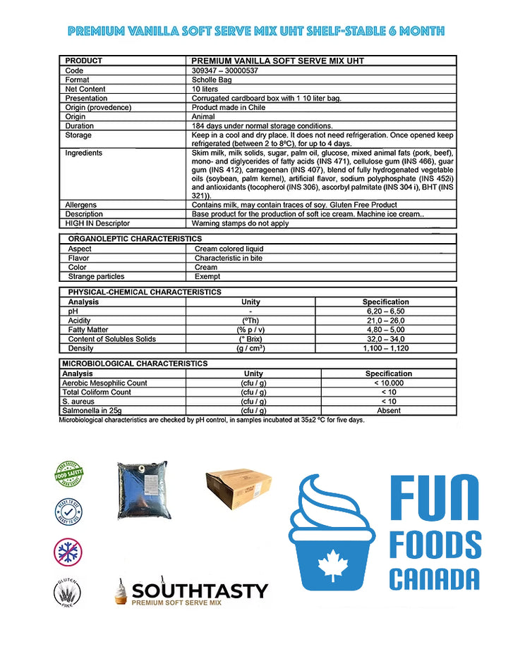 Soft Serve Mix Premium Vanilla Spec Sheet for Canadian Distribution