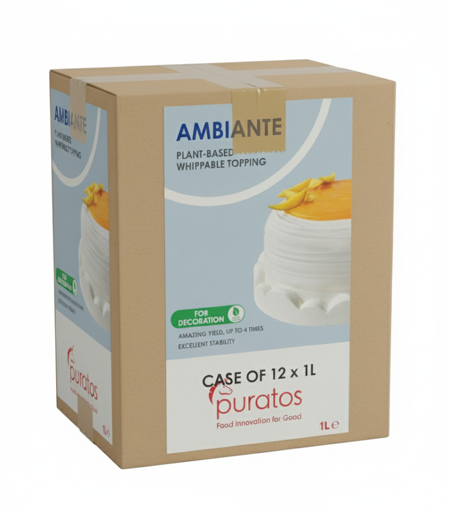 Box of Ambiante plant-based whippable topping by Puratos on a white background distributed in Canada by Fun Foods Canada