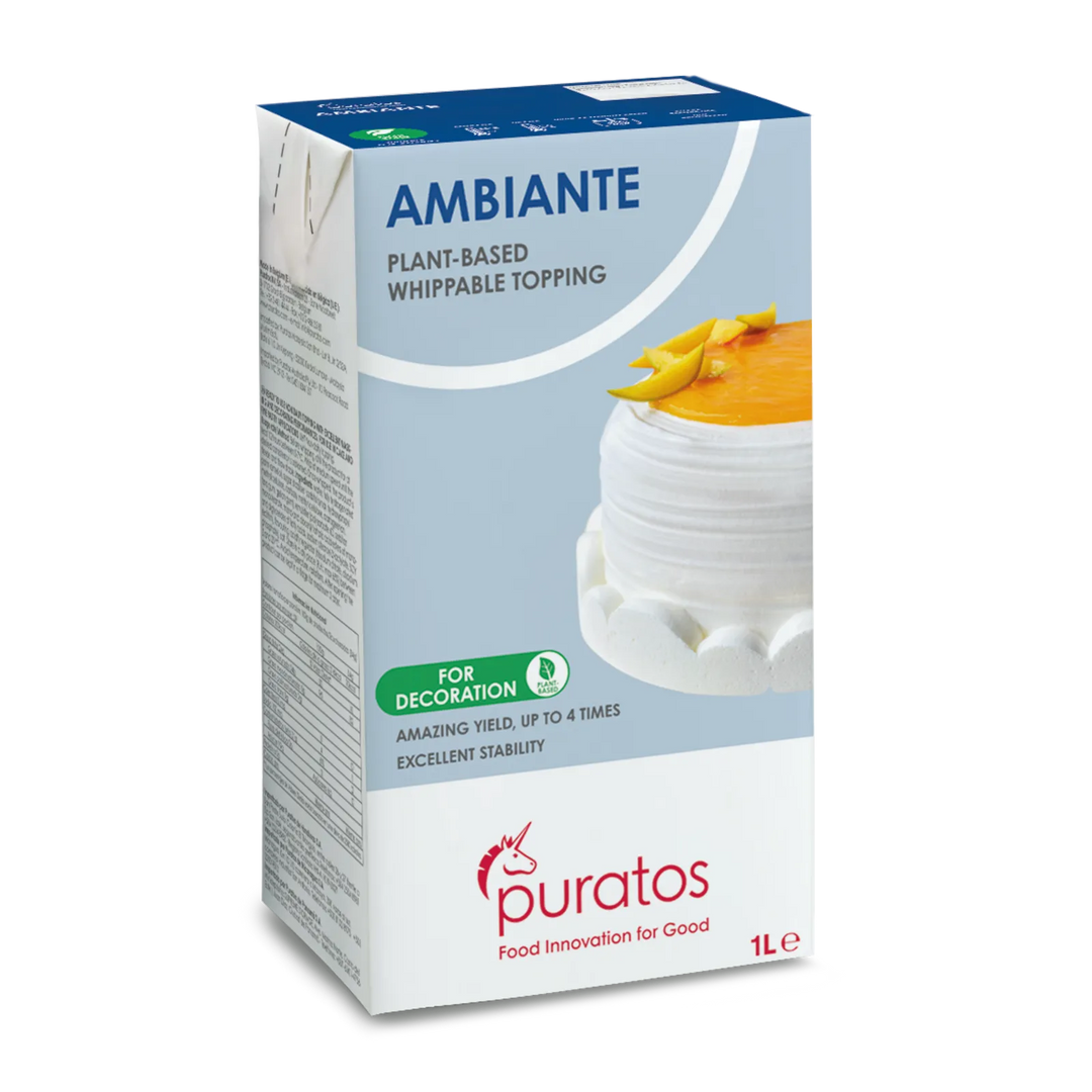 Box of Ambiante plant-based whippable topping by Puratos on a white background