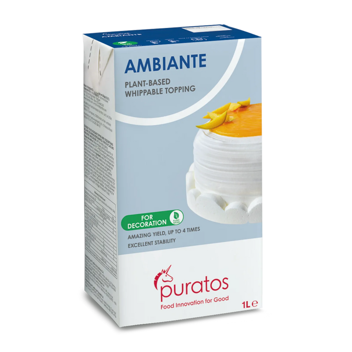 Box of Ambiante plant-based whippable topping by Puratos on a white background