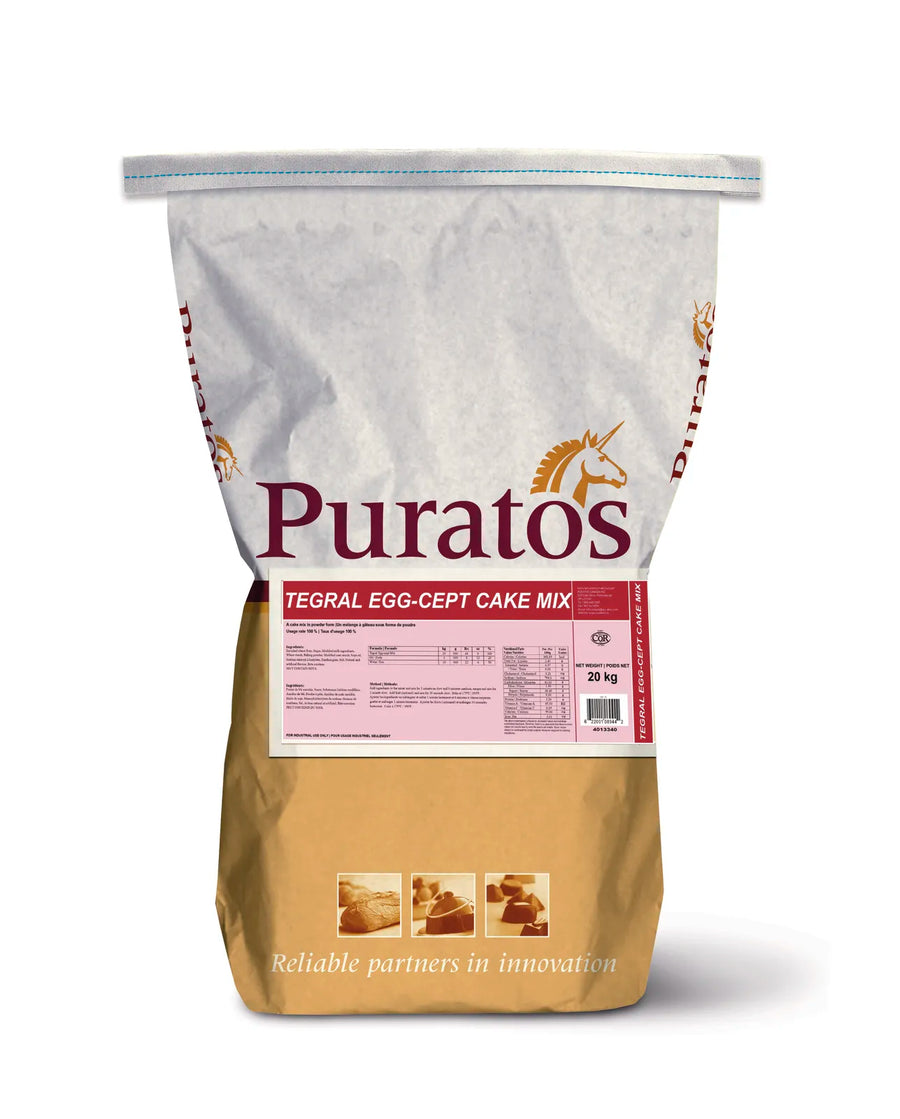 Puratos Tegral Egg-cept Cake Mix packaging on a white background