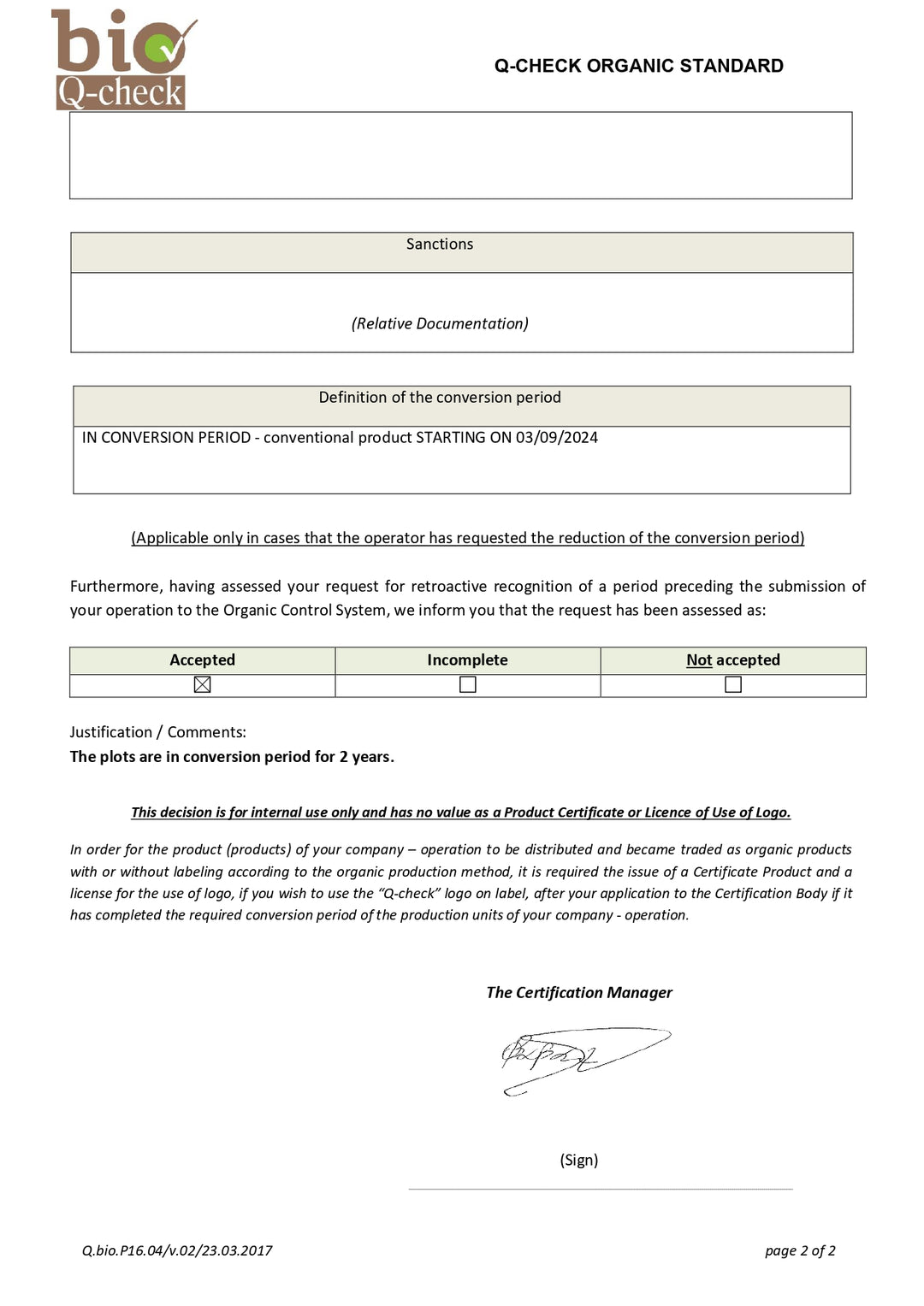 Q-Check Organic Standard document with certification manager's signature