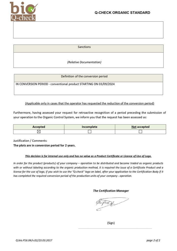 Q-Check Organic Standard document with certification manager's signature