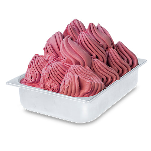 Raspberry Gelato in a wide stainless steel pan on a white background. Made from Rubicone Raspberry Ready Base
