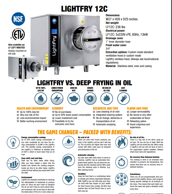 Spec Sheet for Lightfry - LF12C - Lightfry Countertop Commercial Airfryer - Foodservice Canada