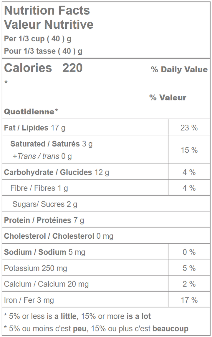 Raw Whole Cashews W -320 and Cashew Pieces LP - Bulk 50 LB Box - Canadian Distribution Nutrition facts label