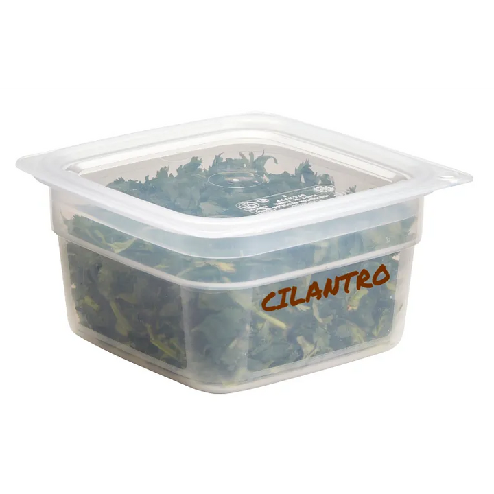 Container of cilantro with a clear lid on a white background