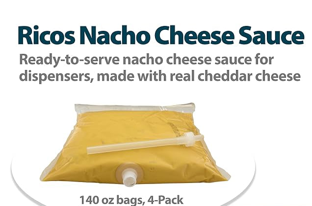 Ricos Nacho Cheese Sauce packaging with text on a white background