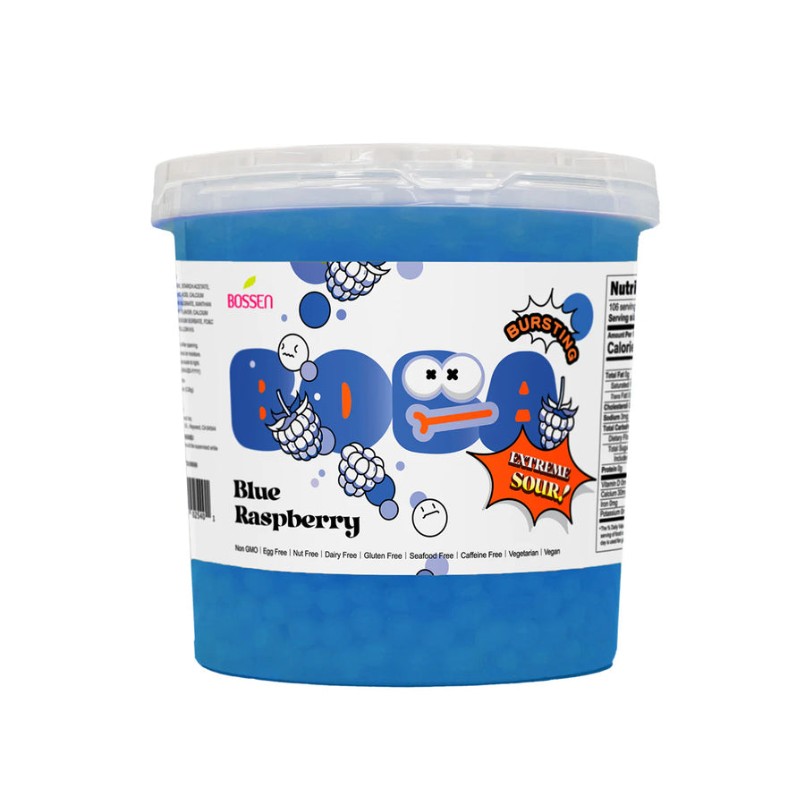 Blue raspberry candy container with cartoon character on a white background