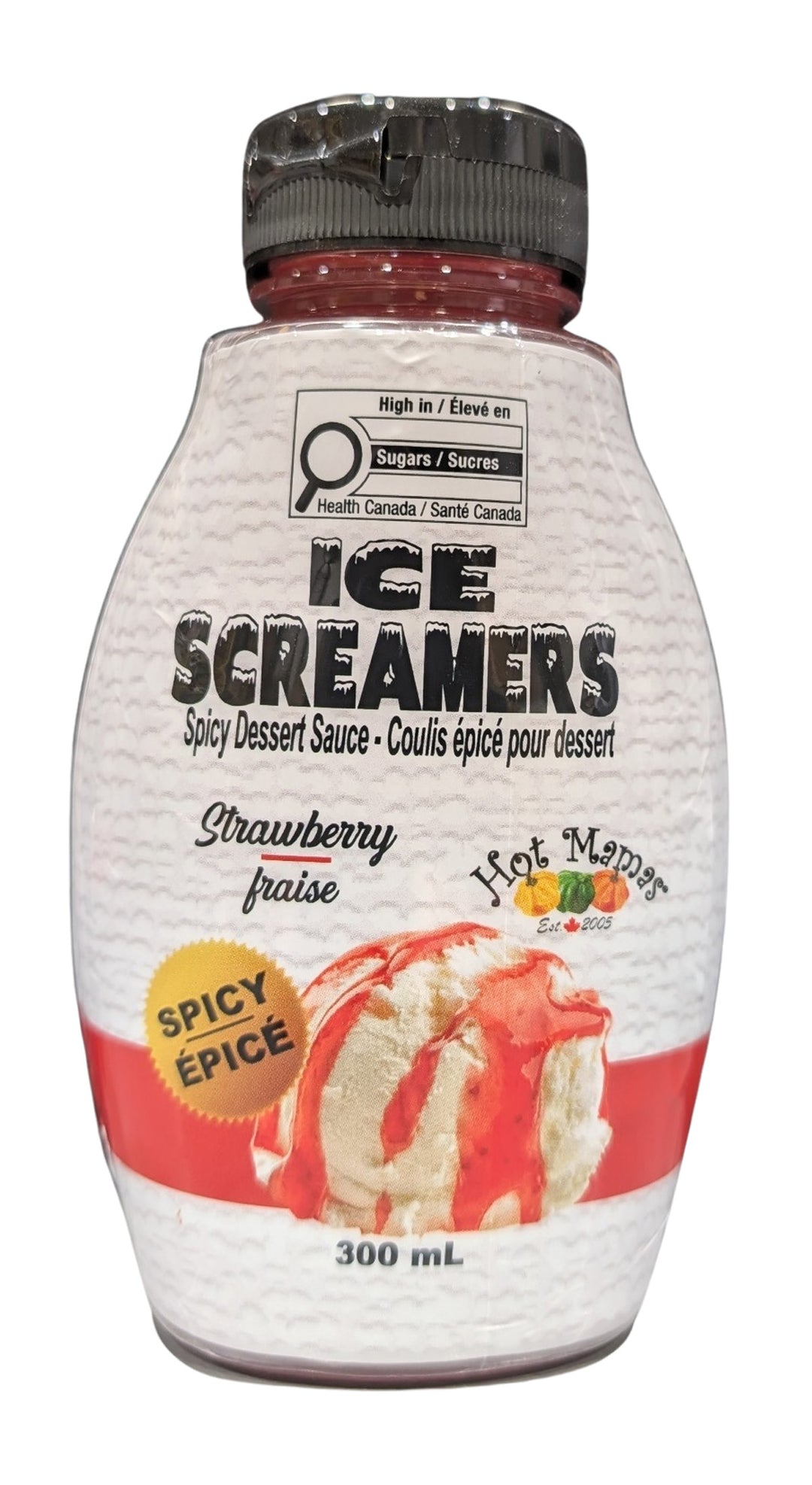 Ice Screamer's Spicy Dessert Sauce bottle with strawberry flavor on a white background