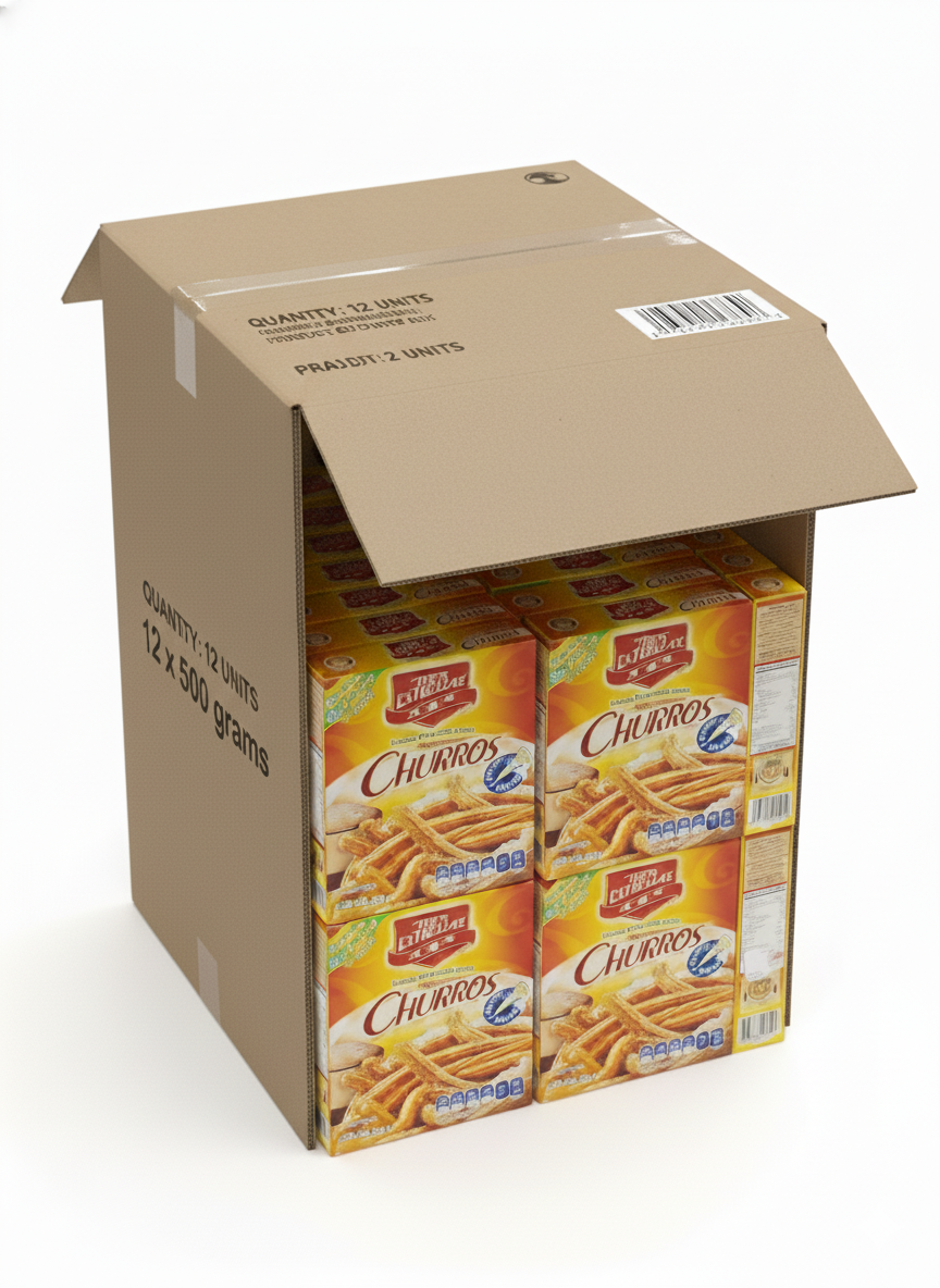 Cardboard box containing multiple boxes of Churros on a white background