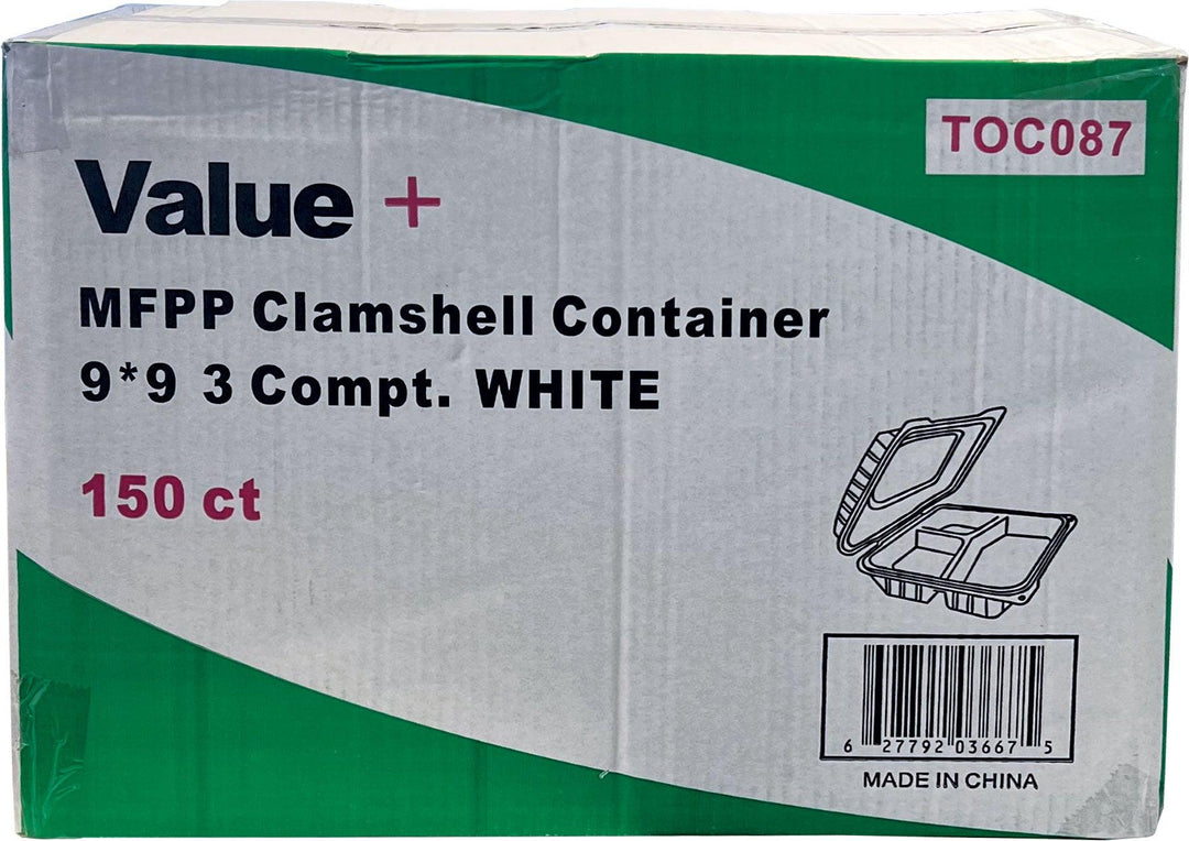 Eco-Craze - MFPP Clamshell Container - 9x9x2.8" -3 Compt. - White