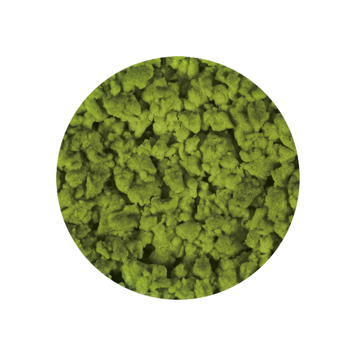 Close up texture image of matcha crumble on a white background