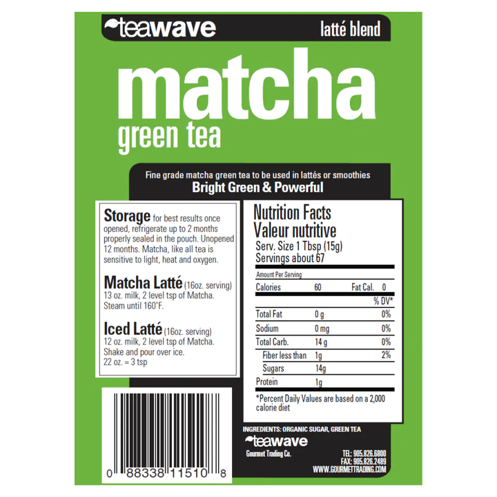 Tea package label for matcha green tea with nutritional information and branding.