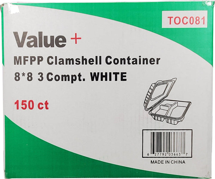 Eco-Craze - MFPP Clamshell Container - 8x8x2.8" - 3 Compt. - White