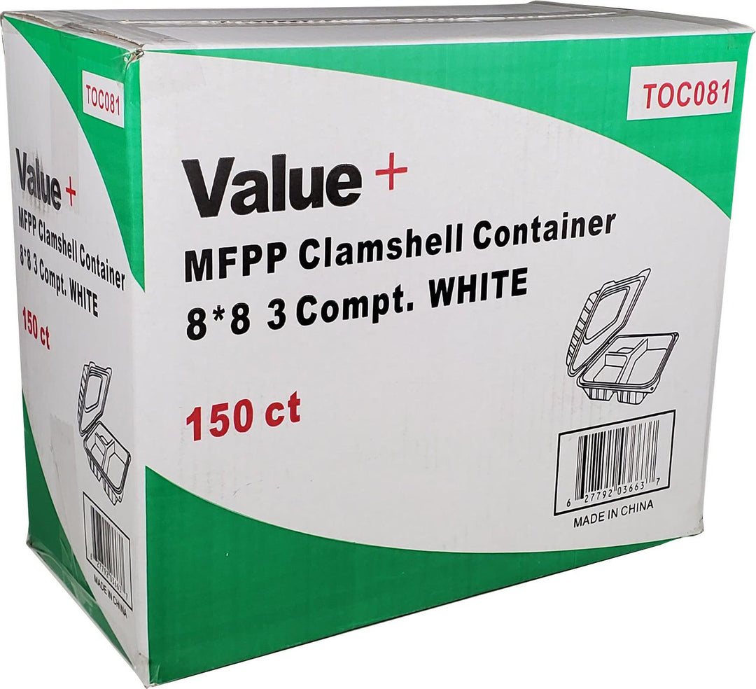 Eco-Craze - MFPP Clamshell Container - 8x8x2.8" - 3 Compt. - White