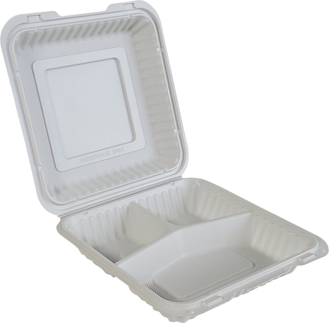 XC - LR - MFPP Clamshell Container - 9x9x2.8" - 3 Compt. - White