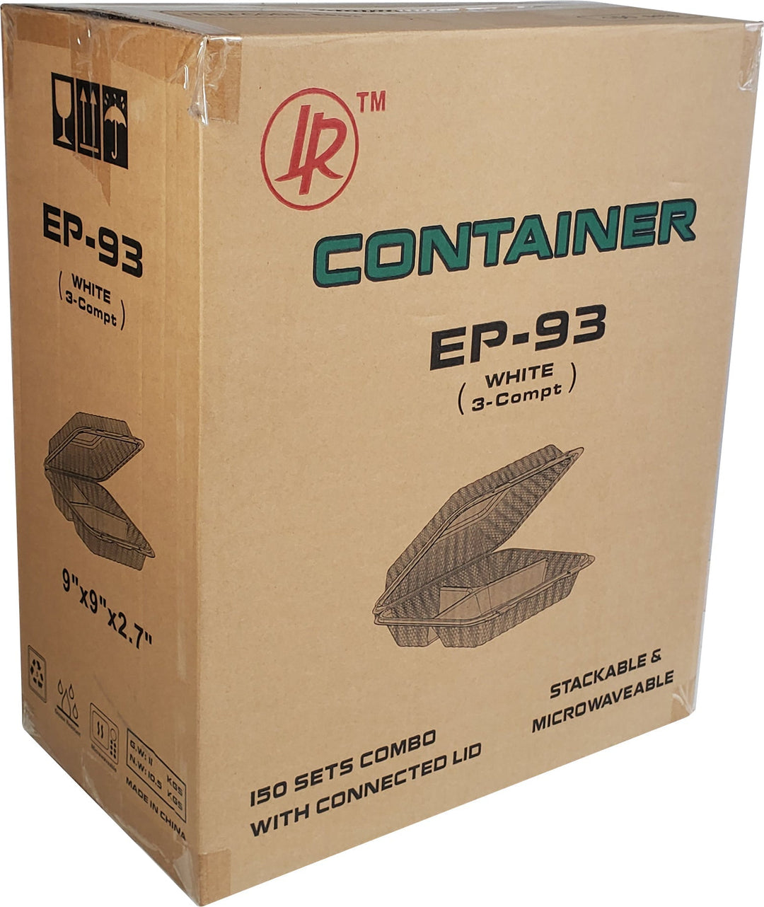 XC - LR - MFPP Clamshell Container - 9x9x2.8" - 3 Compt. - White