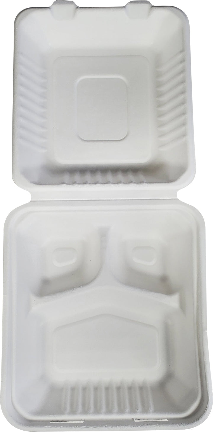 CLR - Rolaco - 8" Foodbox Clamshell - Bagasse - 3 Comp. - BAG-8-200CLN3