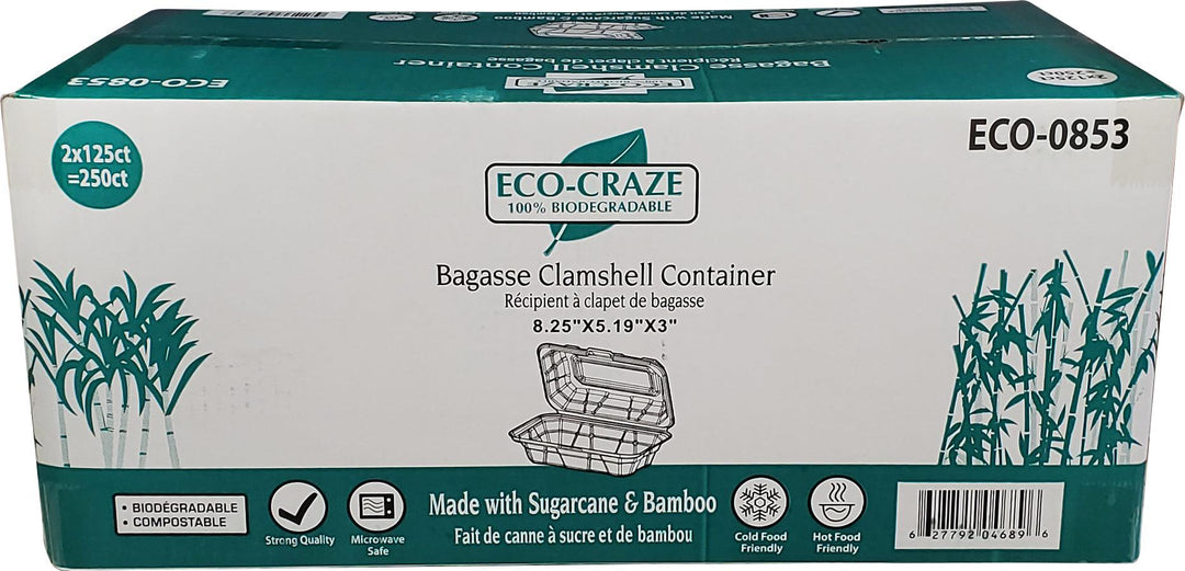 Eco-Craze - 8.25x5.19x3" - Bagasse Clamshell Container